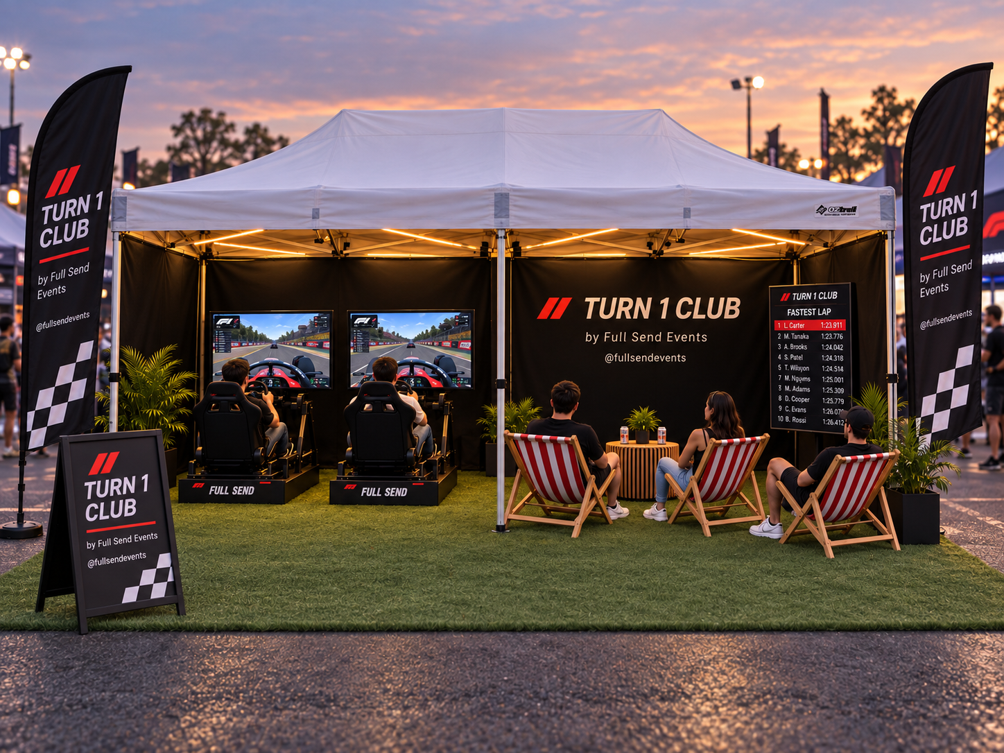 Turn 1 Club racing simulator marquee at twilight