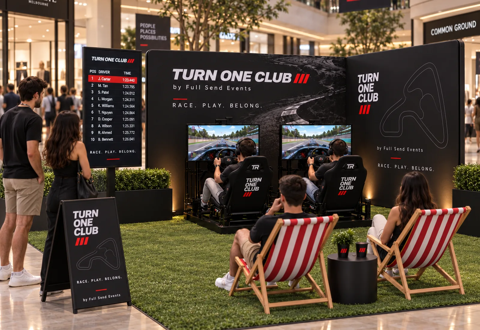 Indoor Turn 1 Club simulator experience with guests racing and relaxing