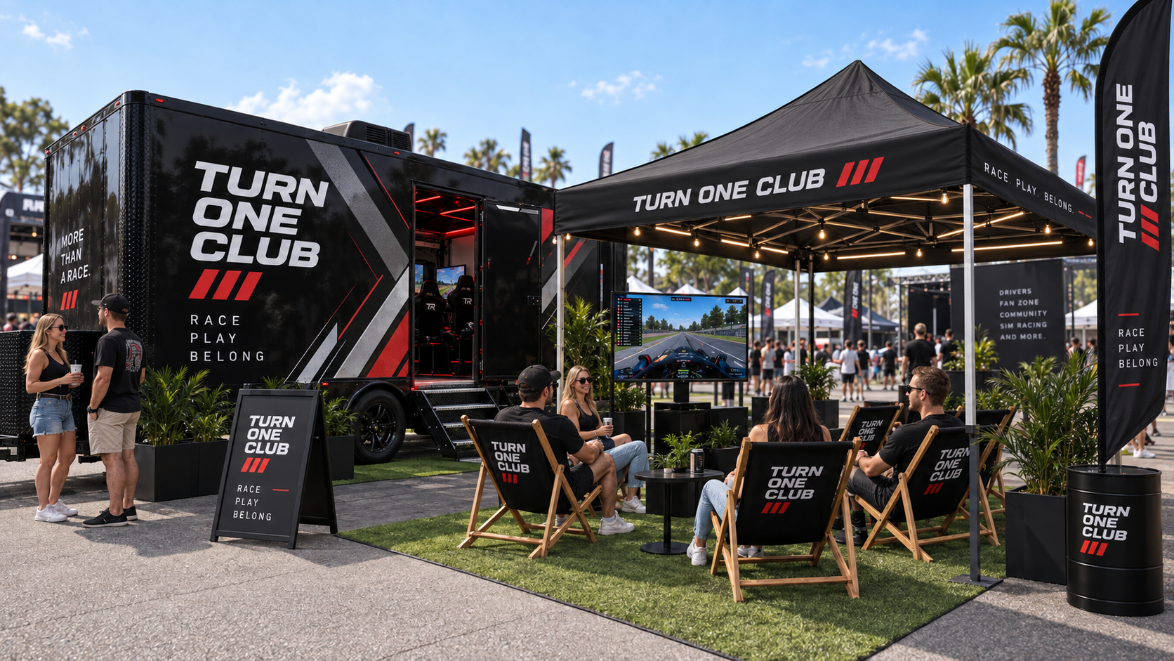 Victory Lounge mobile racing experience and guest zone at an outdoor event