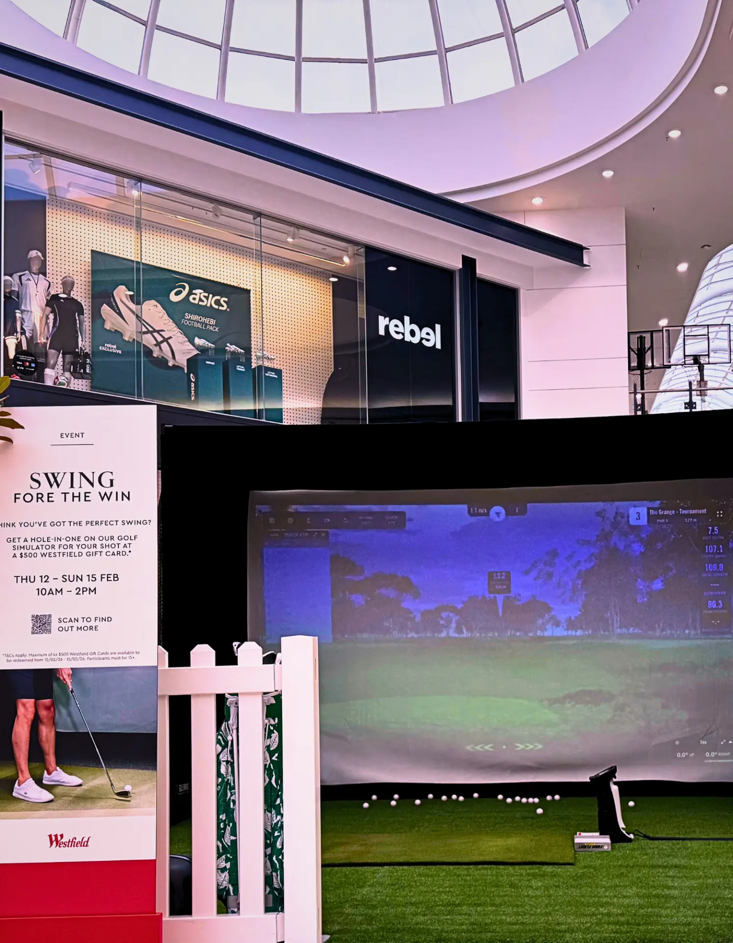 Swing Fore the Win golf simulator activation at Westfield with a $500 gift card hole-in-one challenge