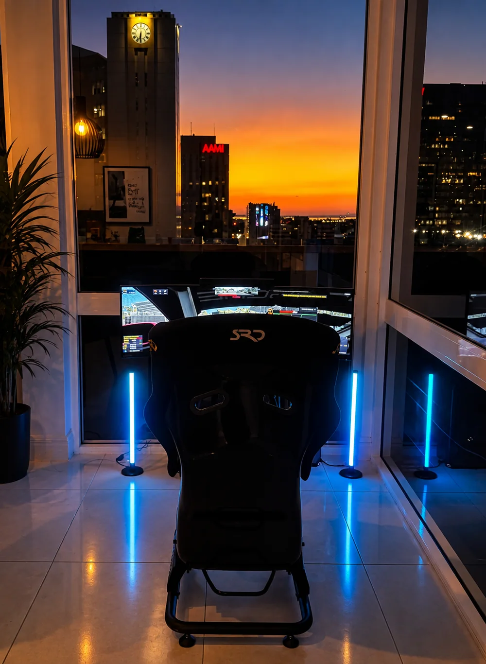 The Sprint racing simulator setup at an Adelaide penthouse event with the city skyline at sunset