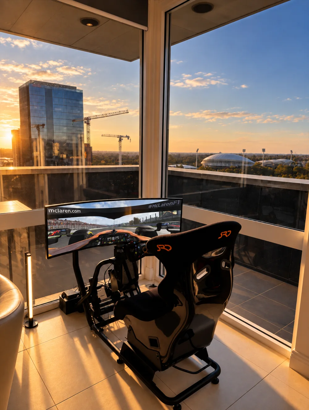 The Sprint racing simulator at an Adelaide penthouse event overlooking the city skyline at golden hour